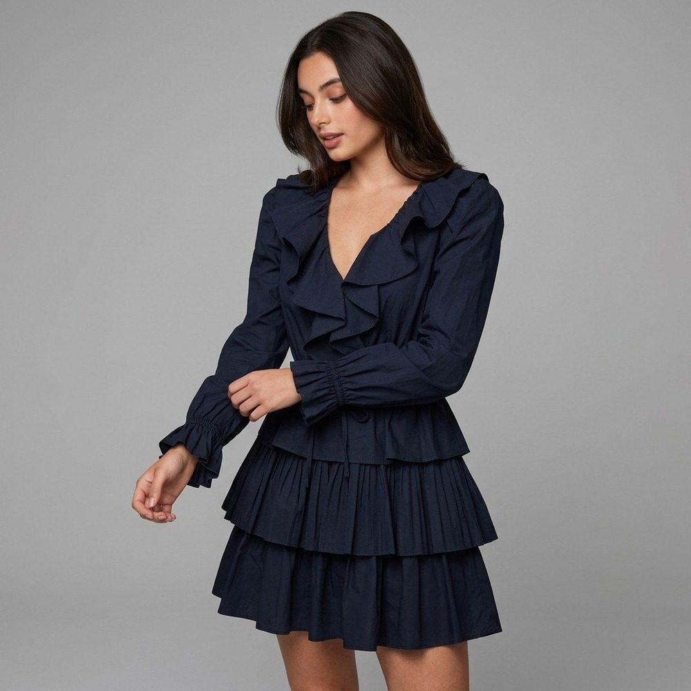Ulla Johnson Black Ruffled Tiered Cotton Mini Dress‎ AW2022 Size 2 Long Sleeve